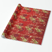 Elegante bloemen Merry Kerstgoud rood glitter Cadeaupapier (Uitgerold)