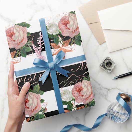 Elegante bloemen Merry Kerstmis roos goudglitter Cadeaupapier (Geschenken)