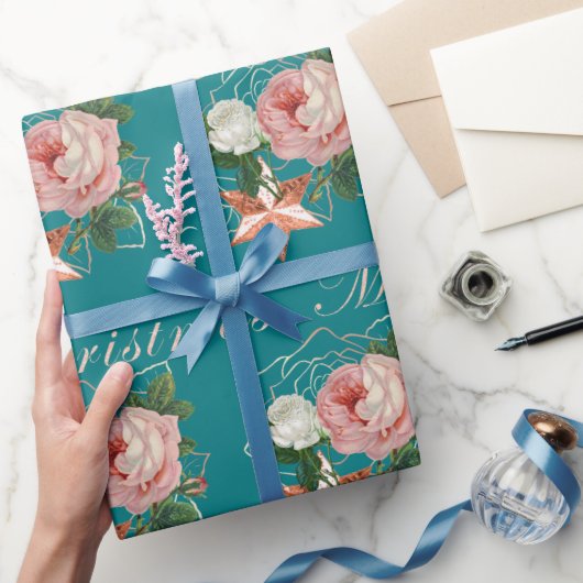 Elegante bloemen Merry Kerstmis roos goudglitter Cadeaupapier (Geschenken)