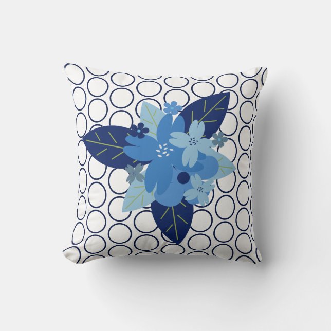 Elegante bloemen met patroon blauw monochromatisch kussen (Voorkant)