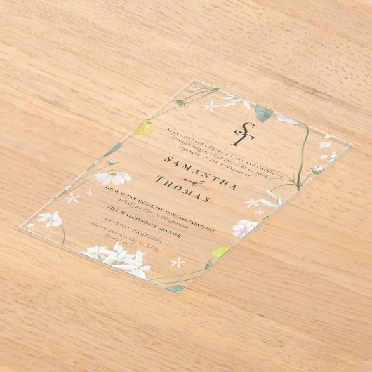 Elegante bloemen minimalistische Initialen bruilof Acryl Uitnodigingen (Laagn)