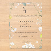 Elegante bloemen minimalistische Initialen bruilof Acryl Uitnodigingen (Voorkant)