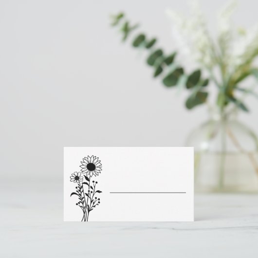 Elegante bloemen minimalistische zwart wit bruilof plaatskaartje (Staand voorkant)