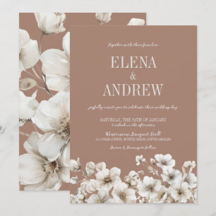 Elegante Bloemen Mocha Bruin en Witte Huwelijk Kaart