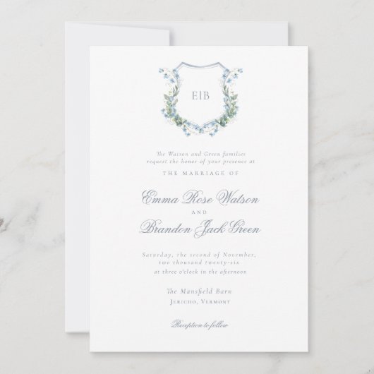 Elegante Bloemen Monogram Crest Formele Huwelijk Kaart (Voorkant)