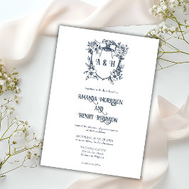 Elegante  Bloemen & Monogram Crest Wedding Kaart