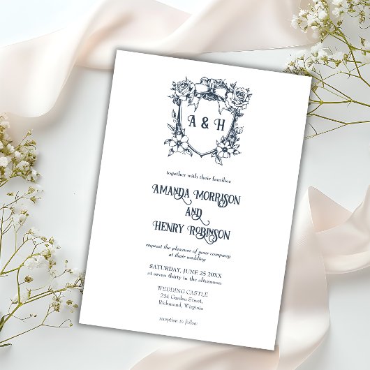 Elegante  Bloemen & Monogram Crest Wedding Kaart