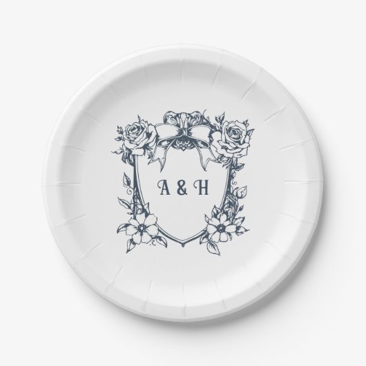 Elegante  Bloemen & Monogram Crest Wedding Papieren Bordje (Voorkant)