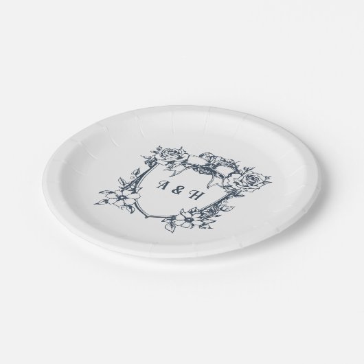 Elegante  Bloemen & Monogram Crest Wedding Papieren Bordje (Gekanteld)