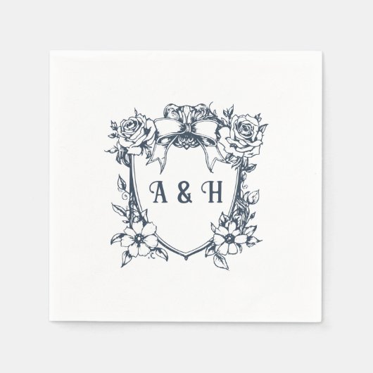 Elegante Bloemen & Monogram Crest Wedding Servet (Voorkant)