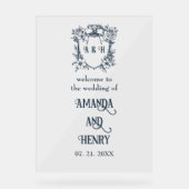 Elegante Bloemen Monogram Crest Wedding Welkomstbo Acryl Bord (Voorkant)