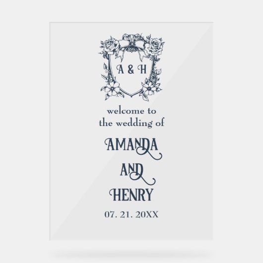 Elegante Bloemen Monogram Crest Wedding Welkomstbo Acryl Bord (Voorkant)