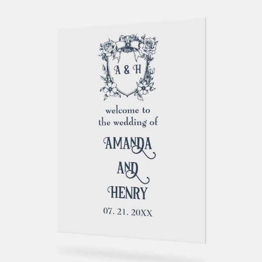 Elegante Bloemen Monogram Crest Wedding Welkomstbo Acryl Bord (Hoek)