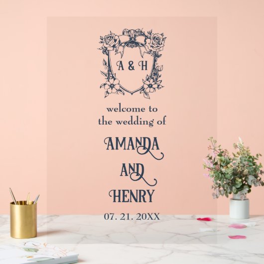 Elegante Bloemen Monogram Crest Wedding Welkomstbo Acryl Bord (Huwelijk)