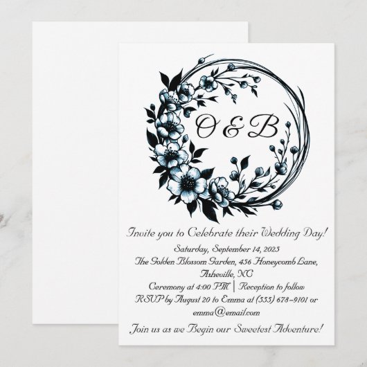 Elegante Bloemen Monogram Huwelijksuitnodigingen Kaart (Voorkant / Achterkant)