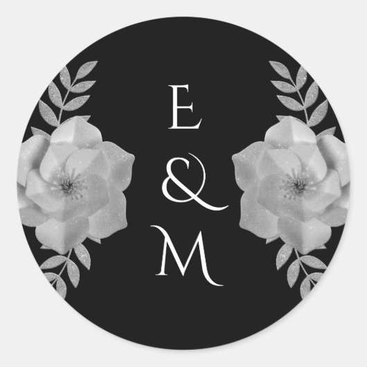Elegante Bloemen Monogram Zilveren Glitter Huwelij Ronde Sticker (Voorkant)
