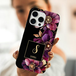 Elegante bloemen monogrammed zwart iPhone 15 pro max hoesje
