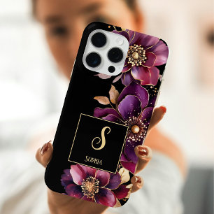Elegante bloemen monogrammed zwart iPhone 15 pro max hoesje