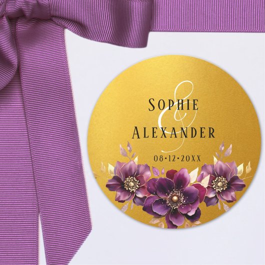 Elegante Bloemen Namen Datum Trouwen Gouden Sticke Ronde Sticker