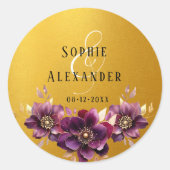 Elegante Bloemen Namen Datum Trouwen Gouden Sticke Ronde Sticker (Voorkant)