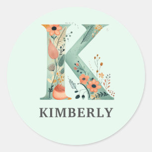 Elegante Bloemen Natuur Letter K Gepersonaliseerde Ronde Sticker