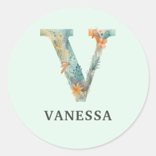 Elegante Bloemen Natuur Letter V Gepersonaliseerde Ronde Sticker