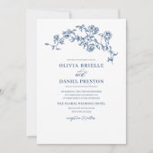 Elegante Bloemen  Navy Blue Botanische Huwelijk Kaart (Voorkant)