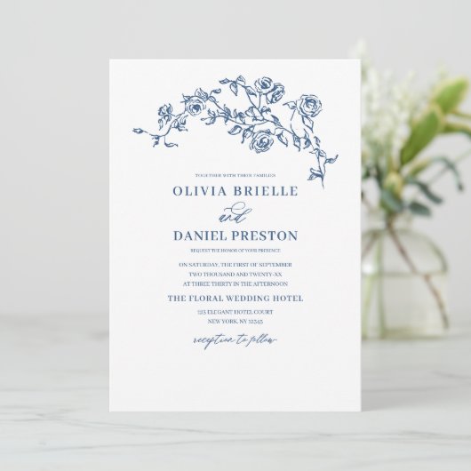 Elegante Bloemen  Navy Blue Botanische Huwelijk Kaart (Staand voorkant)