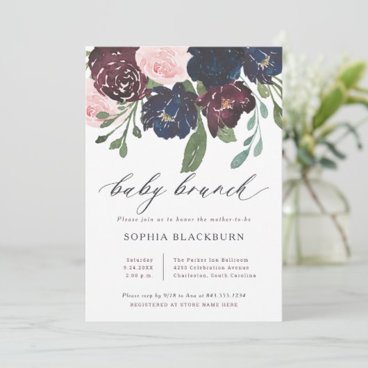 Elegante bloemen | Navy Blue en Plum Baby Brunch Kaart (Staand voorkant)