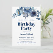 Elegante Bloemen Navy Blue Verjaardagsfeestuitnodi Kaart (Staand voorkant)