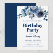 Elegante Bloemen Navy Blue Verjaardagsfeestuitnodi Kaart (Voorkant / Achterkant)