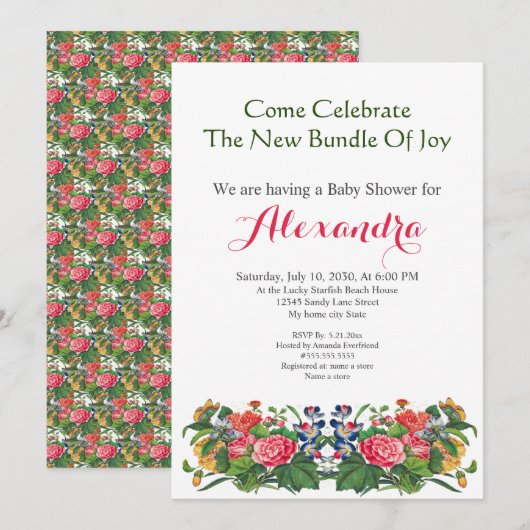 Elegante Bloemen Neutraal Baby shower uitnodiging (Voorkant / Achterkant)