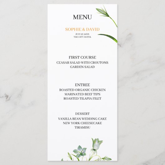 Elegante Bloemen Olijfgroen Trouwmenu Menu (Voorkant)