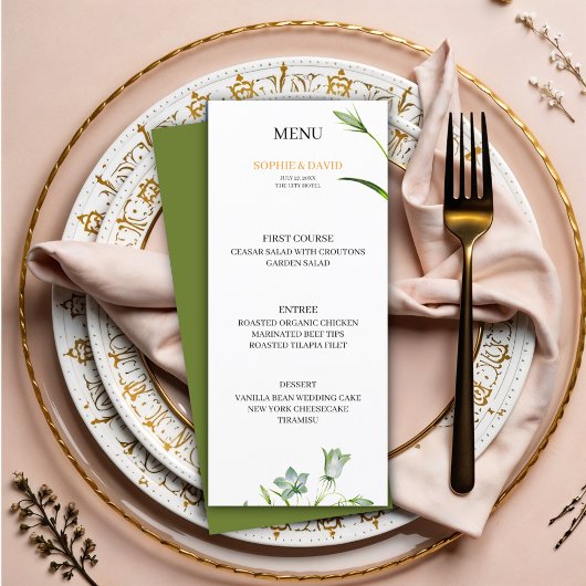 Elegante Bloemen Olijfgroen Trouwmenu Menu