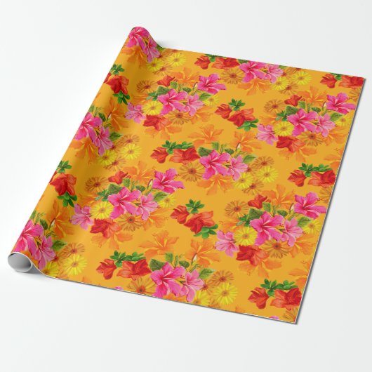 Elegante Bloemen op Oranje Cadeaupapier (Uitgerold)
