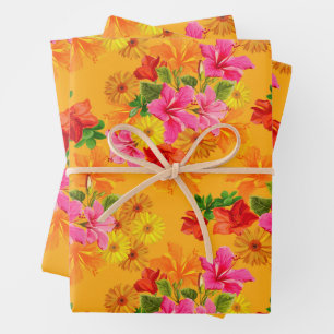 Elegante Bloemen op Sinaasappel Inpakpapier Vel