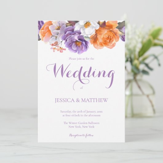 Elegante Bloemen Paarse Waterverf Bloemen bruiloft Kaart (Staand voorkant)