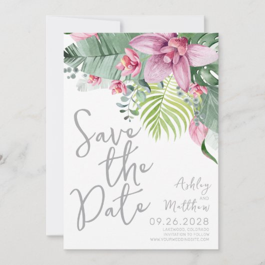 Elegante Bloemen Palm Bladeren Huwelijk Save The Date (Voorkant)
