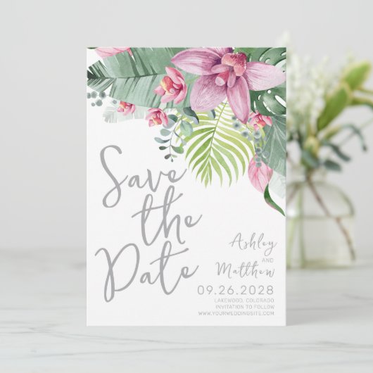 Elegante Bloemen Palm Bladeren Huwelijk Save The Date (Staand voorkant)