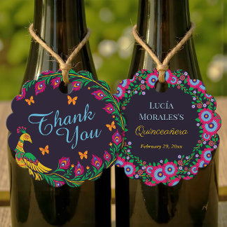 Elegante Bloemen Pauw Volkskunst Fiesta Quinceaner Bedankjes Labels