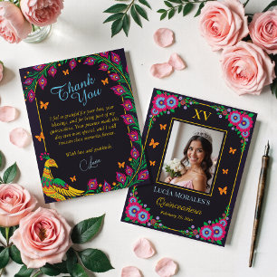 Elegante Bloemen Pauw Volkskunst Fiesta Quinceaner Bedankkaart