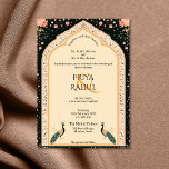 Elegante  Bloemen Peacocks Indiase bruiloft Kaart<br><div class="desc">Elegante  Navy Floral Arch Indian Wedding Invitation met twee pauwen</div>