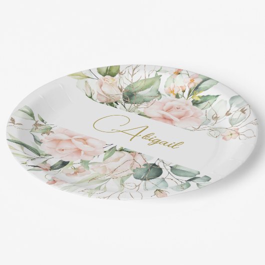 Elegante bloemen persoonlijke roze rozen papieren bordje (Gekanteld)