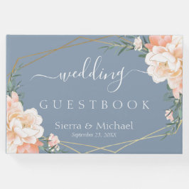 Elegante Bloemen Perzik Crème Goud Stoffig Blauw B Gastenboek