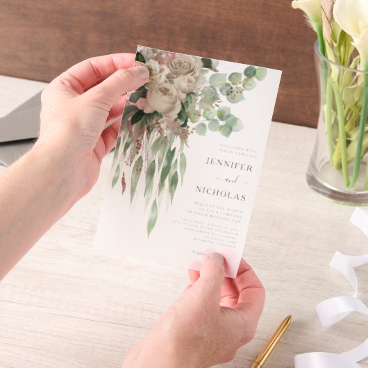 Elegante Bloemen Pioenrozen Bruiloft Vellum Uitnodigingen (Draagbaar)