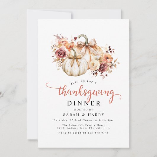 Elegante Bloemen & Pompoenen Thanksgiving Diner Kaart (Voorkant)