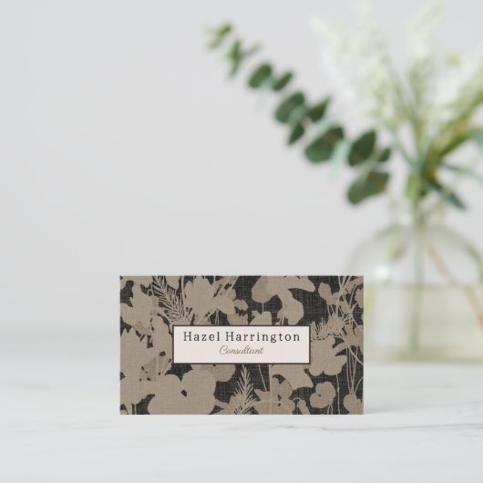 Elegante Bloemen QR Visitekaartje Zwart Beige (Staand voorkant)