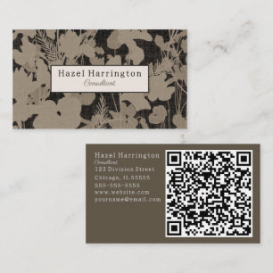 Elegante Bloemen QR Visitekaartje Zwart Beige
