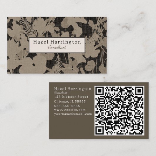 Elegante Bloemen QR Visitekaartje Zwart Beige (Voorkant / Achterkant)