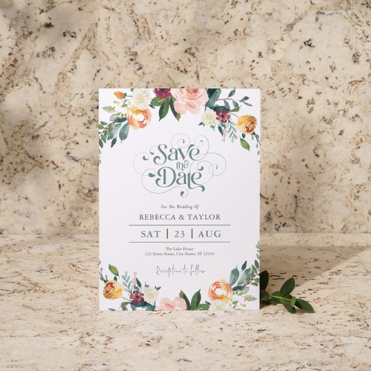 Elegante Bloemen Rand Bewaar de Datum Typografie Kaart